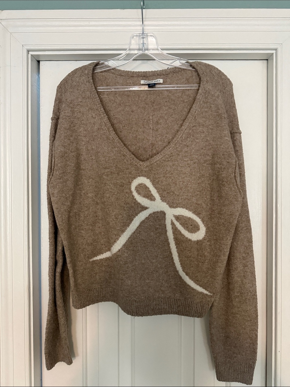 American eagle  Taupe V-Neck Sweater with Cream Bow